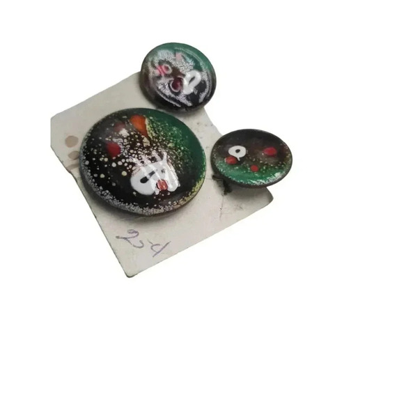 Mid Century Modern Green Enameled Earrings Brooch Pin Set Multicolor Vintage - Picture 3 of 7